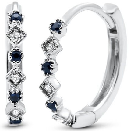 <span>DIAMOND CLOSEOUT! </span><span>GEMSTONE CLOSEOUT! </span> .16ct G SI 14k White Gold Diamond & Blue Sapphire Hoop Huggie Antique Earrings